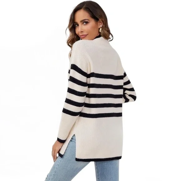 Striped Half Zip Side Slit Relaxed Casual Pullover Sweater - Picture 2 of 16